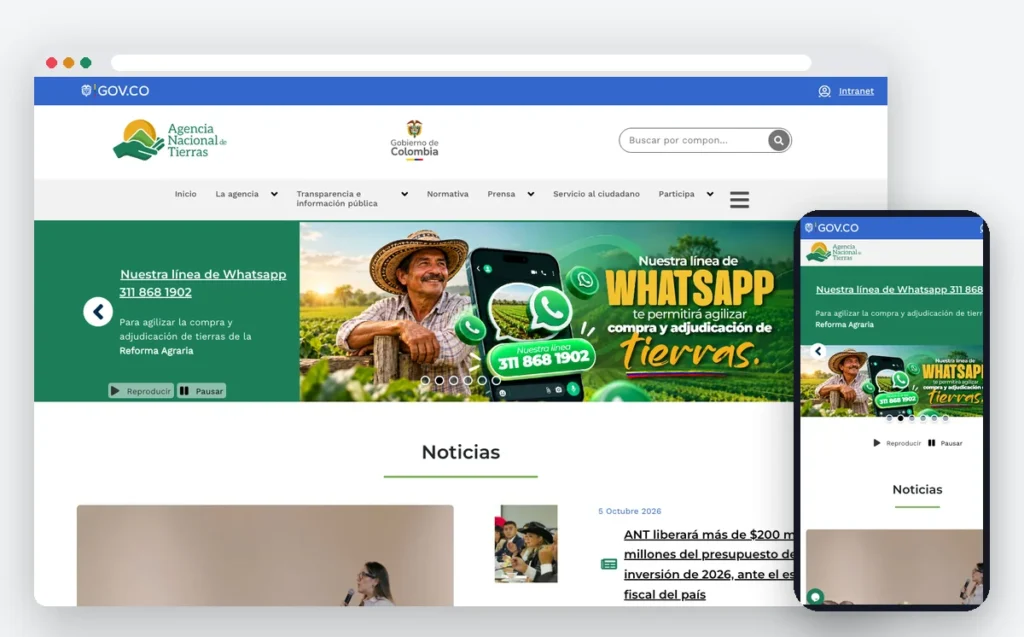 Sitio web de Agencia Nacional de Tierras — ADN Digital